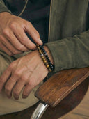 Close-up of a man's hand wearing 6mm gemstone bracelets