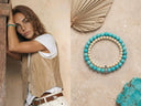 A split screen featuring a woman wearing bracelets and a turquoise and ivory beaded bracelet on a textured surface
