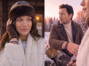 A split-screen lifestyle image showing a woman wearing a brown fur hat and matching knit gloves, and a man wearing a brown shearling jacket, both wearing colourful gemstone bracelets in a snowy winter landscape.