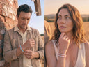 A man and woman wearing gemstone and pearl bracelets in the countryside