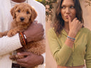 A person holding an adorable puppy and wearing a stack of Tiger Eye and Burnt Orange beaded bracelets and a Chocolate brown woven leather bracelet