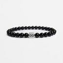Black onyx beaded bracelet with a brushed silver logo bead