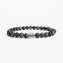 Grey larvikite beaded bracelet with a brushed silver logo bead