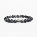 Grey larvikite beaded bracelet with a brushed silver logo bead