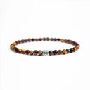 Tiger eye beaded bracelet with a brushed silver logo bead