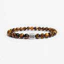 Tiger eye beaded bracelet with a brushed silver logo bead